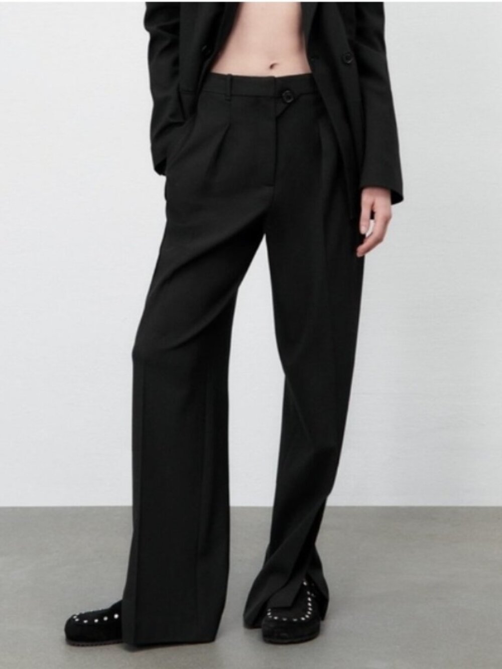 Zara High Waisted Pleated Wide Leg Black Trouser Pants Size Large